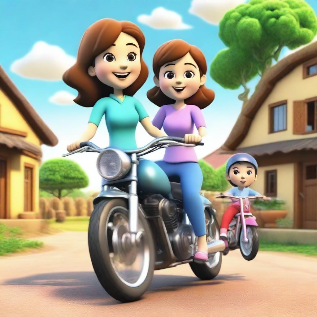 A realistic 3D cartoon of a family consisting of a father, mother, and one daughter riding together on a motorcycle in a rural village