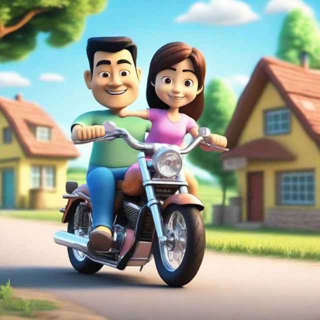 A realistic 3D cartoon of a family consisting of a father, mother, and one daughter riding together on a motorcycle in a rural village