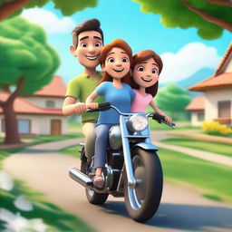 A 3D cartoon of a father, mother, and their young daughter riding together on a motorcycle in a rural countryside setting