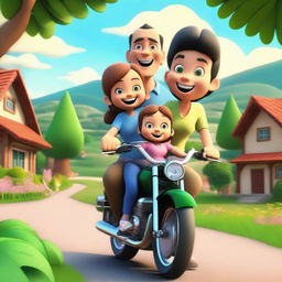 A 3D cartoon of a father, mother, and their young daughter riding together on a motorcycle in a rural countryside setting