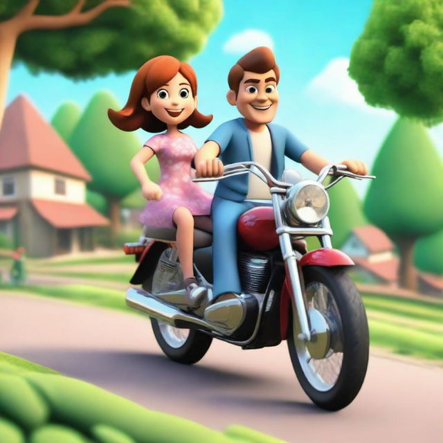 A 3D cartoon of a father, mother, and their young daughter riding together on a motorcycle in a rural countryside setting