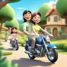 A 3D cartoon of a father, mother, and their young daughter riding together on a motorcycle in a rural countryside setting