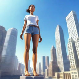 A towering giantess standing amidst a cityscape, with buildings reaching up to her knees