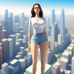 A towering giantess standing amidst a cityscape, with buildings reaching up to her knees