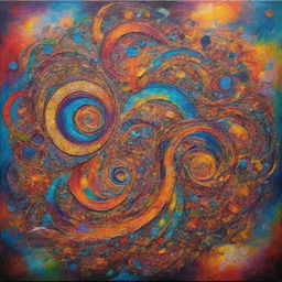 Create an intricate and extravagant work of art, rich in symbolism, complexity, and depth. It consists of vibrant colors intertwined with abstract shapes, making it a mesmerizing masterpiece in high demand.