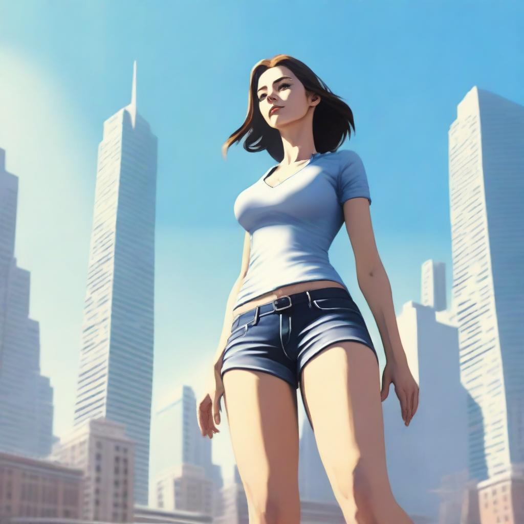 A towering giantess standing amidst a cityscape, with buildings reaching up to her knees