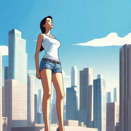 A towering giantess standing amidst a cityscape, with buildings reaching up to her knees