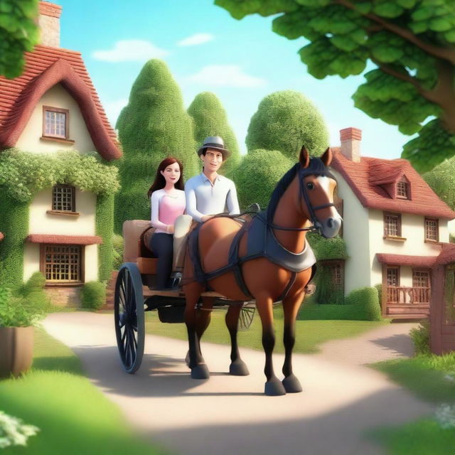 A realistic 4D cartoon of a father, mother, and daughter riding a traditional horse-drawn carriage in a village