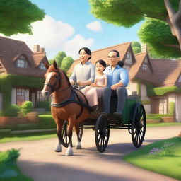 A realistic 4D cartoon of a father, mother, and daughter riding a traditional horse-drawn carriage in a village