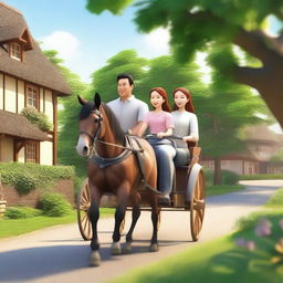 A realistic 4D cartoon of a father, mother, and daughter riding a traditional horse-drawn carriage in a village