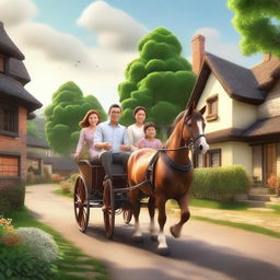 A realistic 4D cartoon of a father, mother, and daughter riding a traditional horse-drawn carriage in a village