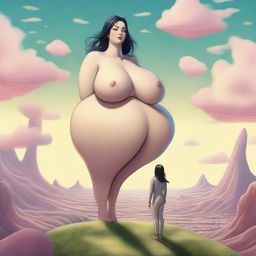 A giantess with enormous breasts is shrinking a tiny man