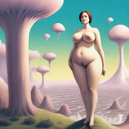 A giantess with enormous breasts is shrinking a tiny man