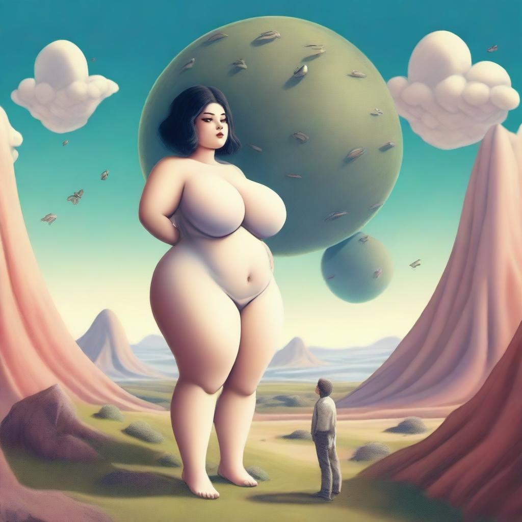 A giantess with enormous breasts is shrinking a tiny man