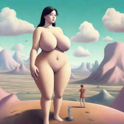 A giantess with enormous breasts is shrinking a tiny man