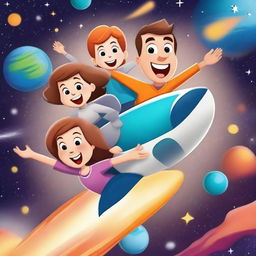 A 4D cartoon illustration of a father, mother, and daughter riding a rocket