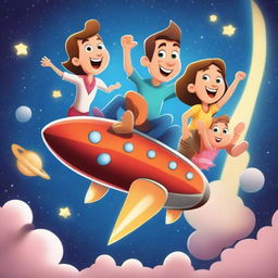 A 4D cartoon illustration of a father, mother, and daughter riding a rocket