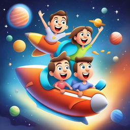 A 4D cartoon illustration of a father, mother, and daughter riding a rocket