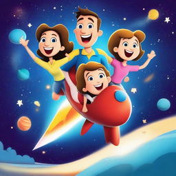 A 4D cartoon illustration of a father, mother, and daughter riding a rocket