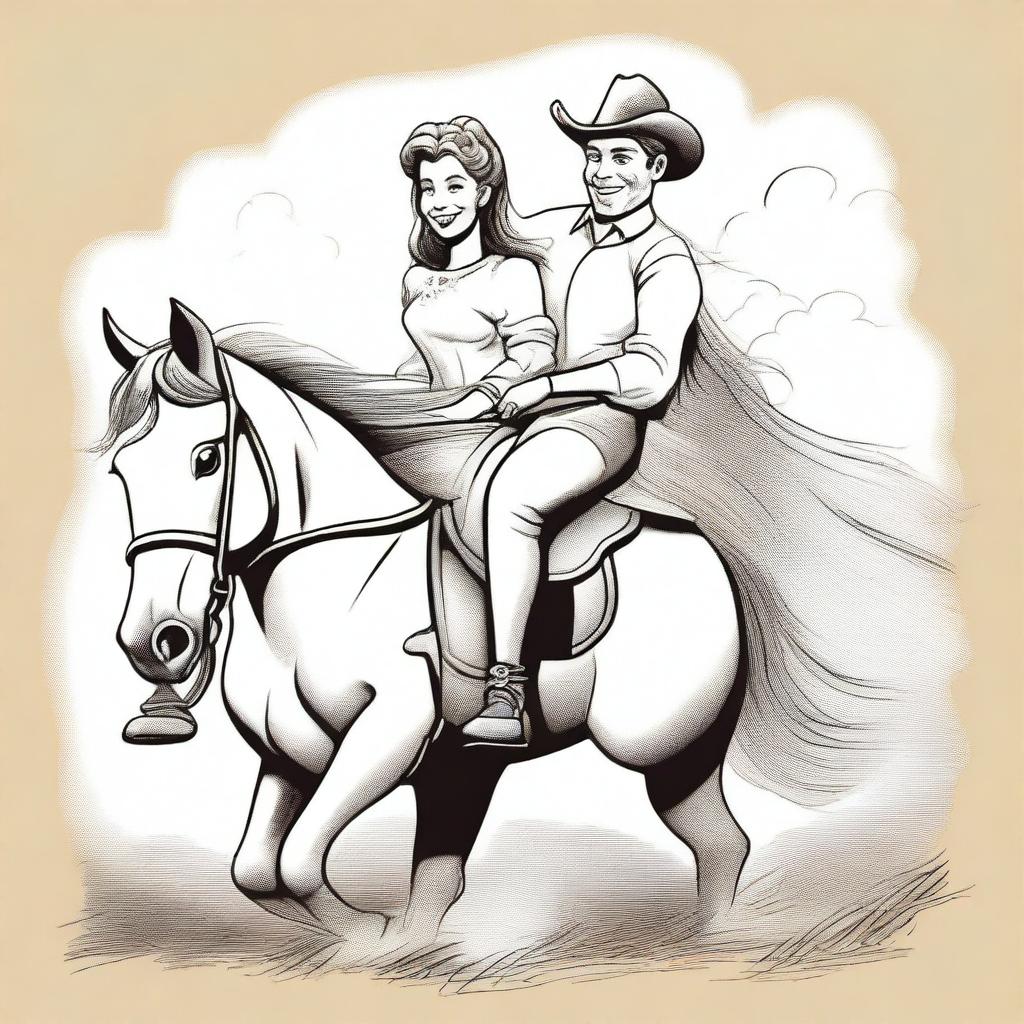 A caricature of a father, mother, and daughter riding a horse