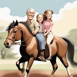 A caricature of a father, mother, and daughter riding a horse