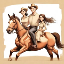 A caricature of a father, mother, and daughter riding a horse