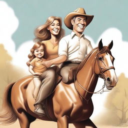 A caricature of a father, mother, and daughter riding a horse