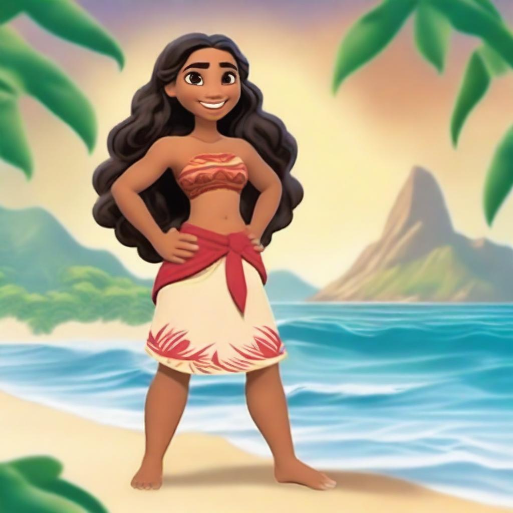 Create a character similar to Moana from Disney, featuring a young adventurer with long, wavy hair, wearing traditional Polynesian clothing, and set against a tropical island backdrop with the ocean in the background