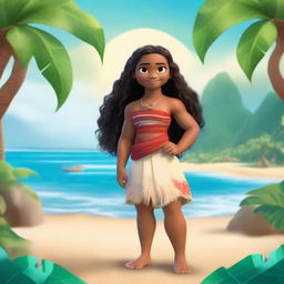 Create a character similar to Moana from Disney, featuring a young adventurer with long, wavy hair, wearing traditional Polynesian clothing, and set against a tropical island backdrop with the ocean in the background