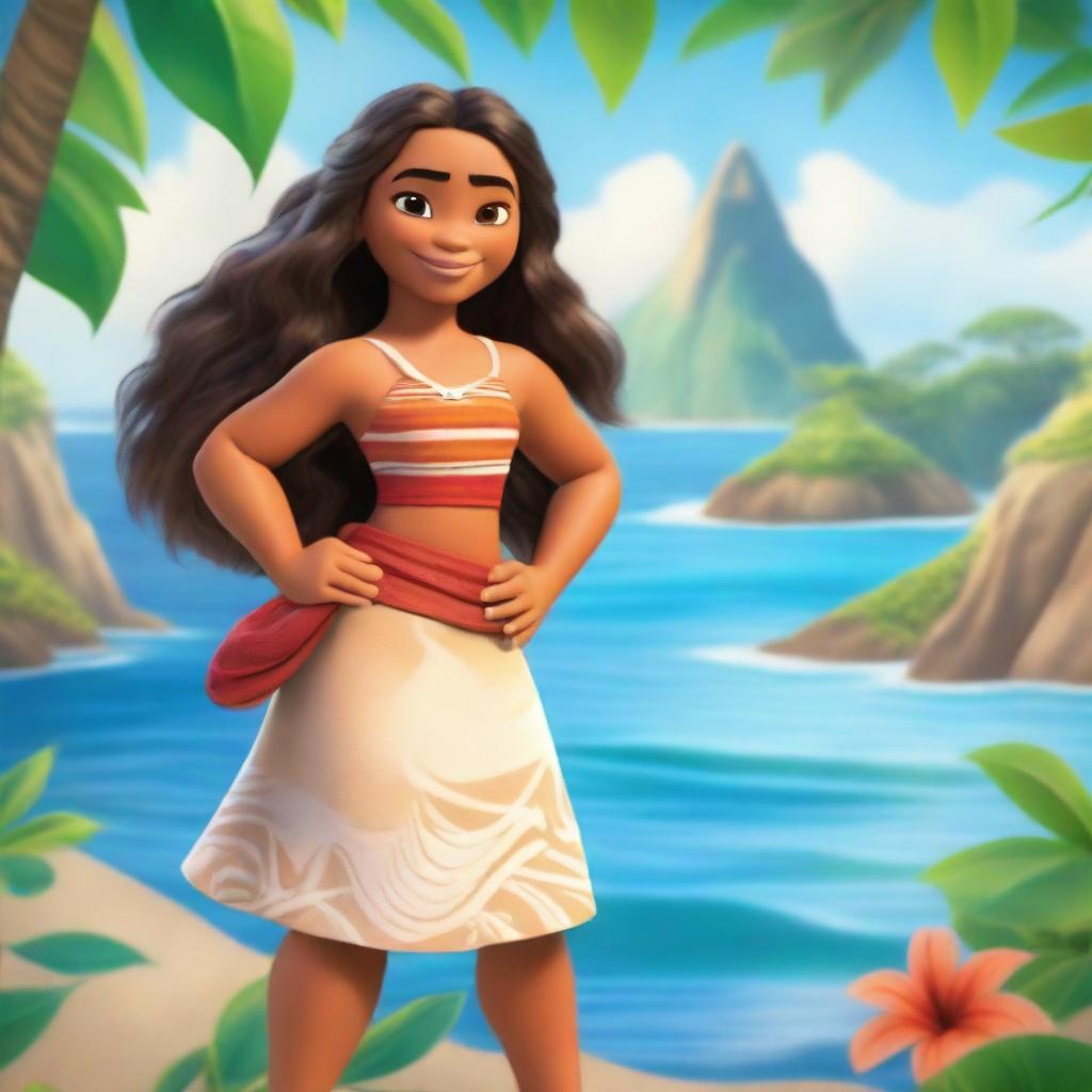 Create a character similar to Moana from Disney, featuring a young adventurer with long, wavy hair, wearing traditional Polynesian clothing, and set against a tropical island backdrop with the ocean in the background