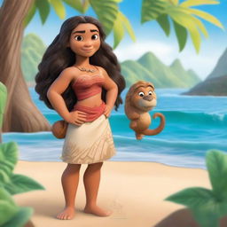 Create a character similar to Moana from Disney, featuring a young adventurer with long, wavy hair, wearing traditional Polynesian clothing, and set against a tropical island backdrop with the ocean in the background