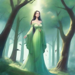 A towering giantess standing in a lush green forest, her immense size dwarfing the trees around her