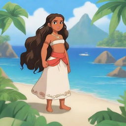 Create a character similar to Moana in an anime style, featuring a young adventurer with long, wavy hair, wearing traditional Polynesian clothing, and set against a tropical island backdrop with the ocean in the background