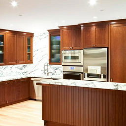 A modern, spacious kitchen with stainless steel appliances, marble countertops, a center island, and ambient lighting fixtures.