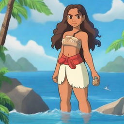 Create a character similar to Moana in an anime style, featuring a young adventurer with long, wavy hair, wearing traditional Polynesian clothing, and set against a tropical island backdrop with the ocean in the background