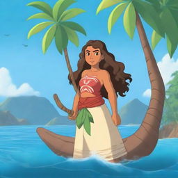 Create a character similar to Moana in an anime style, featuring a young adventurer with long, wavy hair, wearing traditional Polynesian clothing, and set against a tropical island backdrop with the ocean in the background