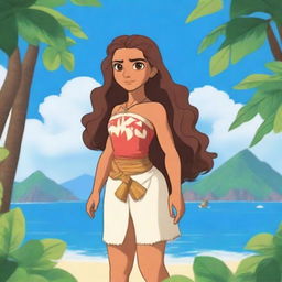 Create a character similar to Moana in an anime style, featuring a young adventurer with long, wavy hair, wearing traditional Polynesian clothing, and set against a tropical island backdrop with the ocean in the background