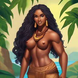 Create a character who is a native of Polynesia, with dark skin, long black curly hair that falls below the waist, and chocolate brown eyes