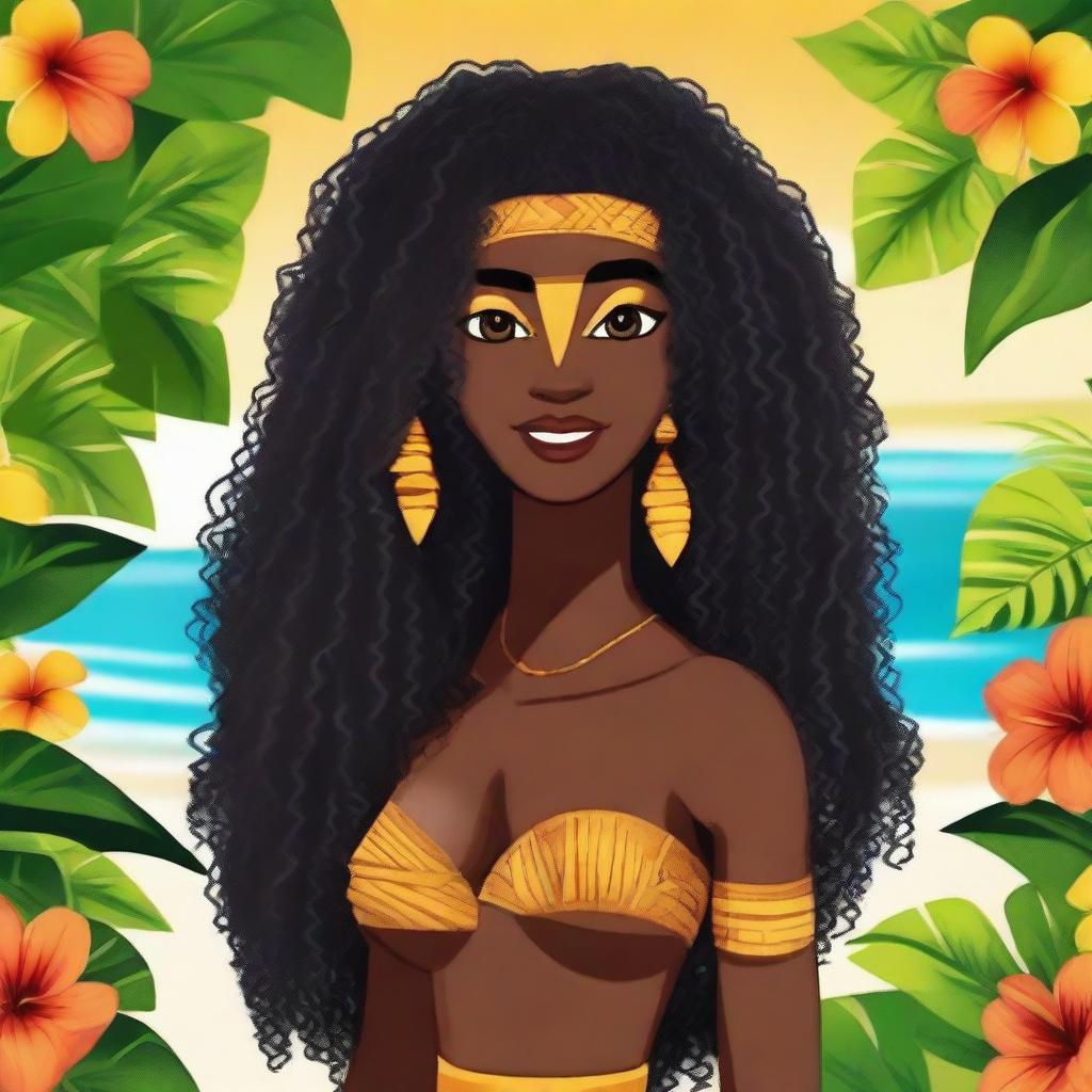 Create a character who is a native of Polynesia, with dark skin, long black curly hair that falls below the waist, and chocolate brown eyes