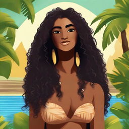 Create a character who is a native of Polynesia, with dark skin, long black curly hair that falls below the waist, and chocolate brown eyes