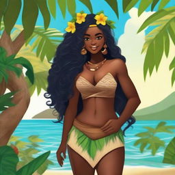 Create a character who is a native of Polynesia, with dark skin, long black curly hair that falls below the waist, and chocolate brown eyes