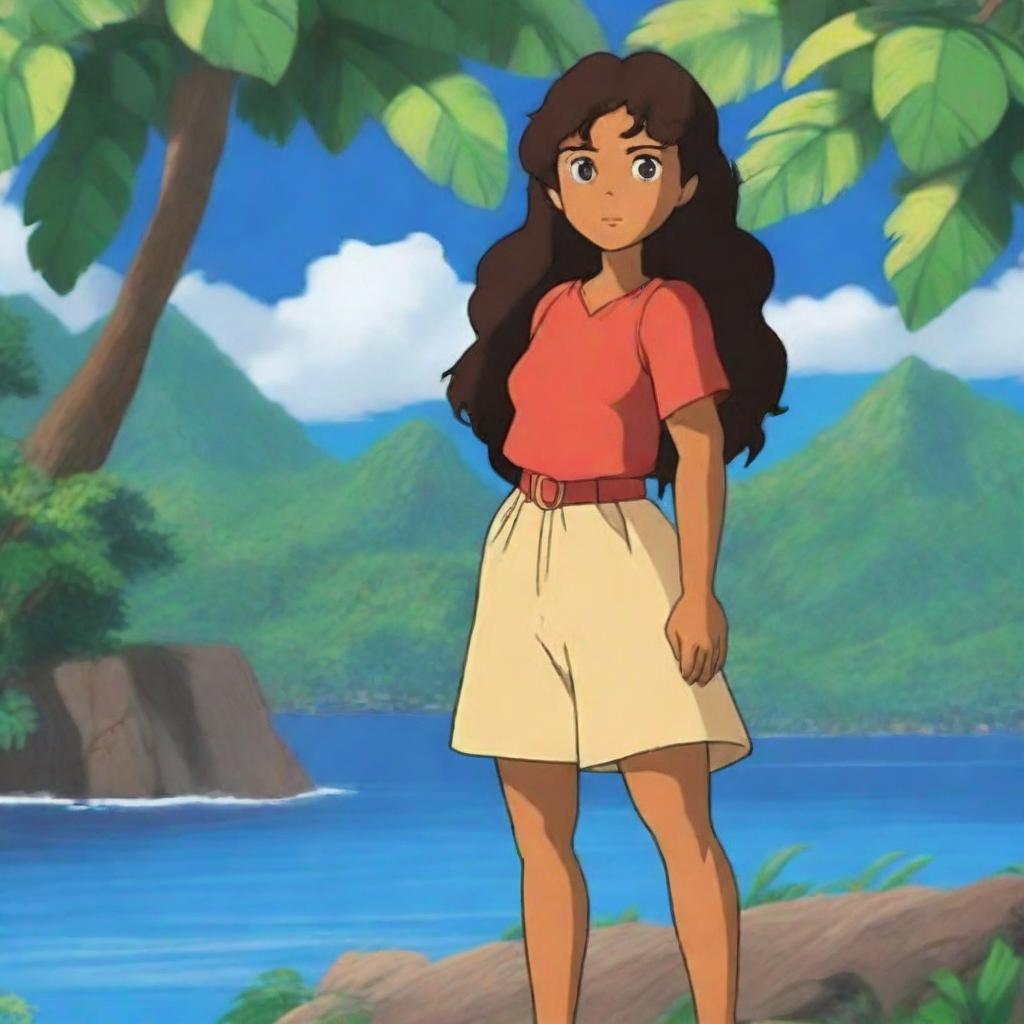 Create an anime-style character who is a native of Polynesia, with dark skin, long black curly hair that falls below the waist, and chocolate brown eyes