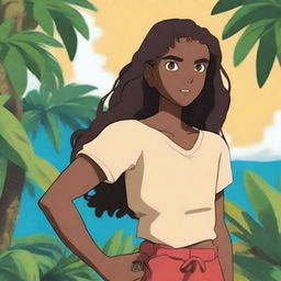 Create an anime-style character who is a native of Polynesia, with dark skin, long black curly hair that falls below the waist, and chocolate brown eyes