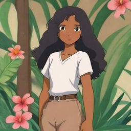 Create an anime-style character who is a native of Polynesia, with dark skin, long black curly hair that falls below the waist, and chocolate brown eyes