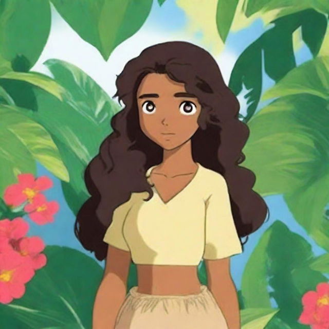 Create an anime-style character who is a native of Polynesia, with dark skin, long black curly hair that falls below the waist, and chocolate brown eyes