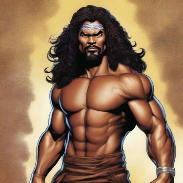 Create a character for a Marvel comic who is a native of Polynesia, with dark skin, long black curly hair that falls below the waist, and chocolate brown eyes