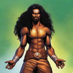 Create a character for a Marvel comic who is a native of Polynesia, with dark skin, long black curly hair that falls below the waist, and chocolate brown eyes