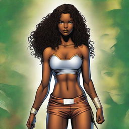 Create a character for a Marvel comic who is a native of Polynesia, with dark skin, long black curly hair that falls below the waist, and chocolate brown eyes