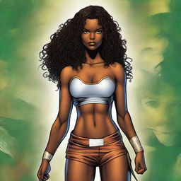 Create a character for a Marvel comic who is a native of Polynesia, with dark skin, long black curly hair that falls below the waist, and chocolate brown eyes