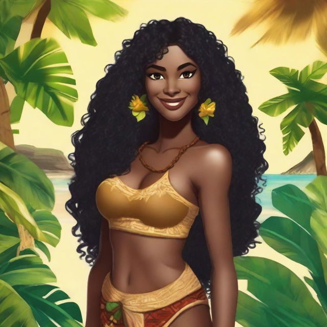 Create a female character who is a native of Polynesia, with dark skin, long black curly hair that falls below the waist, and chocolate brown eyes